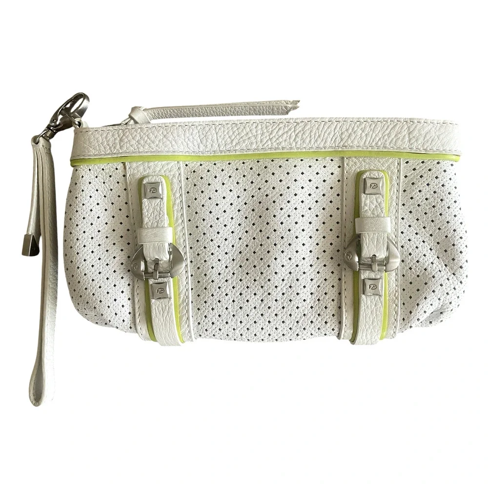 FRANCESCO BIASIA White Calf Leather Lime Green Perforated Clutch Wristlet Women